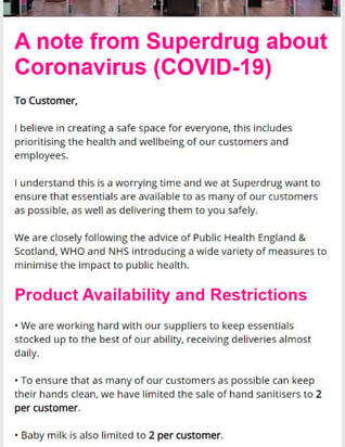 Newsletter community of Superdrug to its customers regarding lockdown information